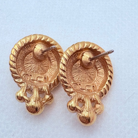 Vintage Liz Claiborne Stud Earrings Goldtone Round Rope Black & Faux Pearl 1.75” - Picture 6 of 6